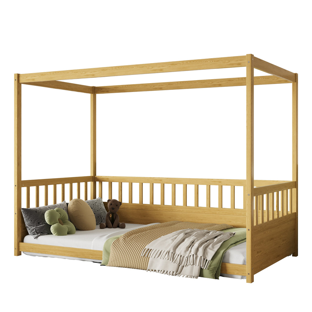 Twin Size Canopy Bed Frame with Guardrails for Kids,Floor Bed Twin with Four Poster Design,Kids Montessori Floor Bed,Wood Canopy Bed Frame for Girls,Boys(Twin,Natural)