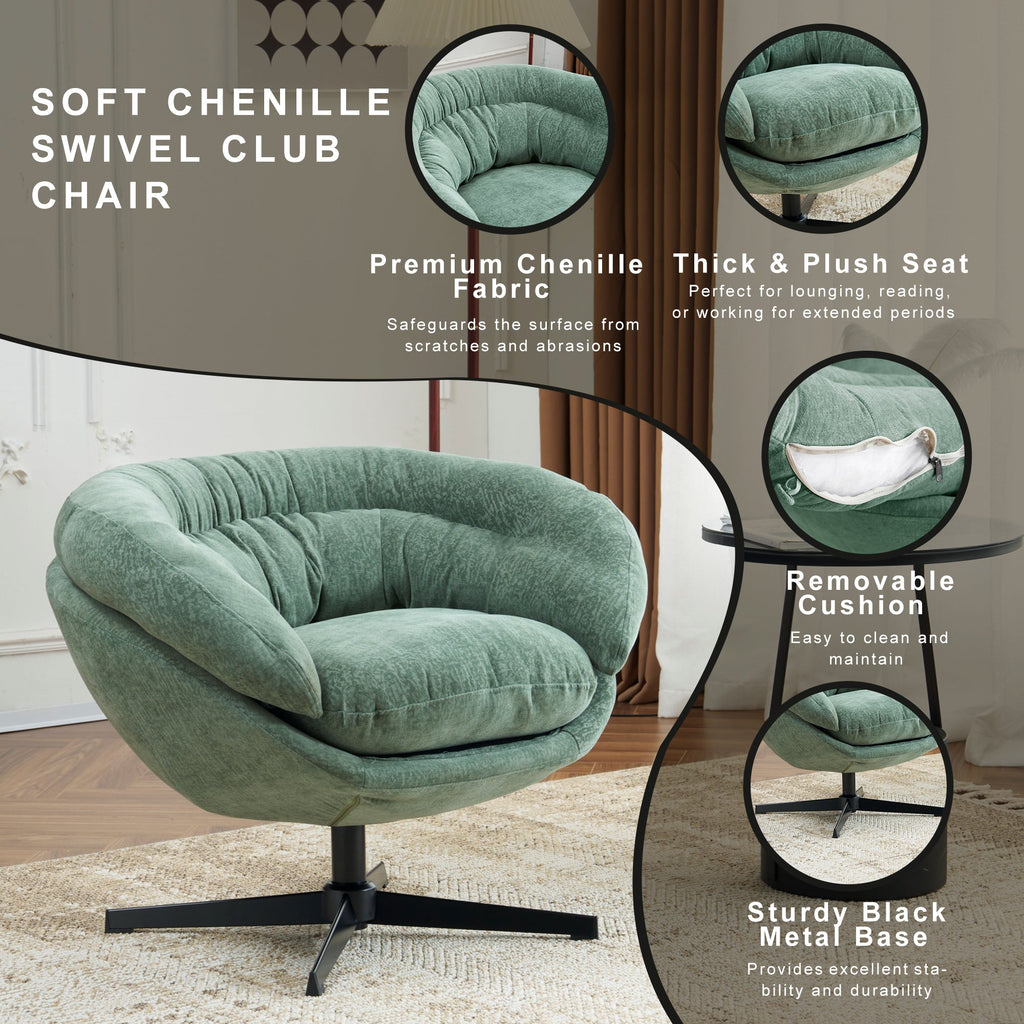 Modern Chenille Office Chair, 360° Swivel Club Chair/Accent Chair with Removable Cushion, Round Office Chair, Black Metal Base, Cotton Material, Living Room, Bedroom, Reading Corner, Office (Green)