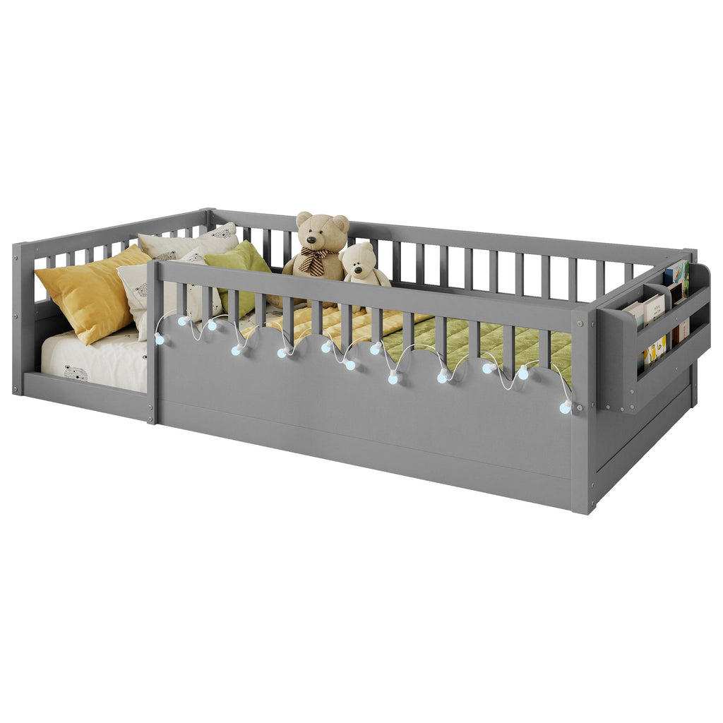 Twin Montessori Floor Bed Frame with High Rails, Wood Kids Floor Beds with Light and Storage Shelf, Gray (Expect Arrival Date 2025/8/15)