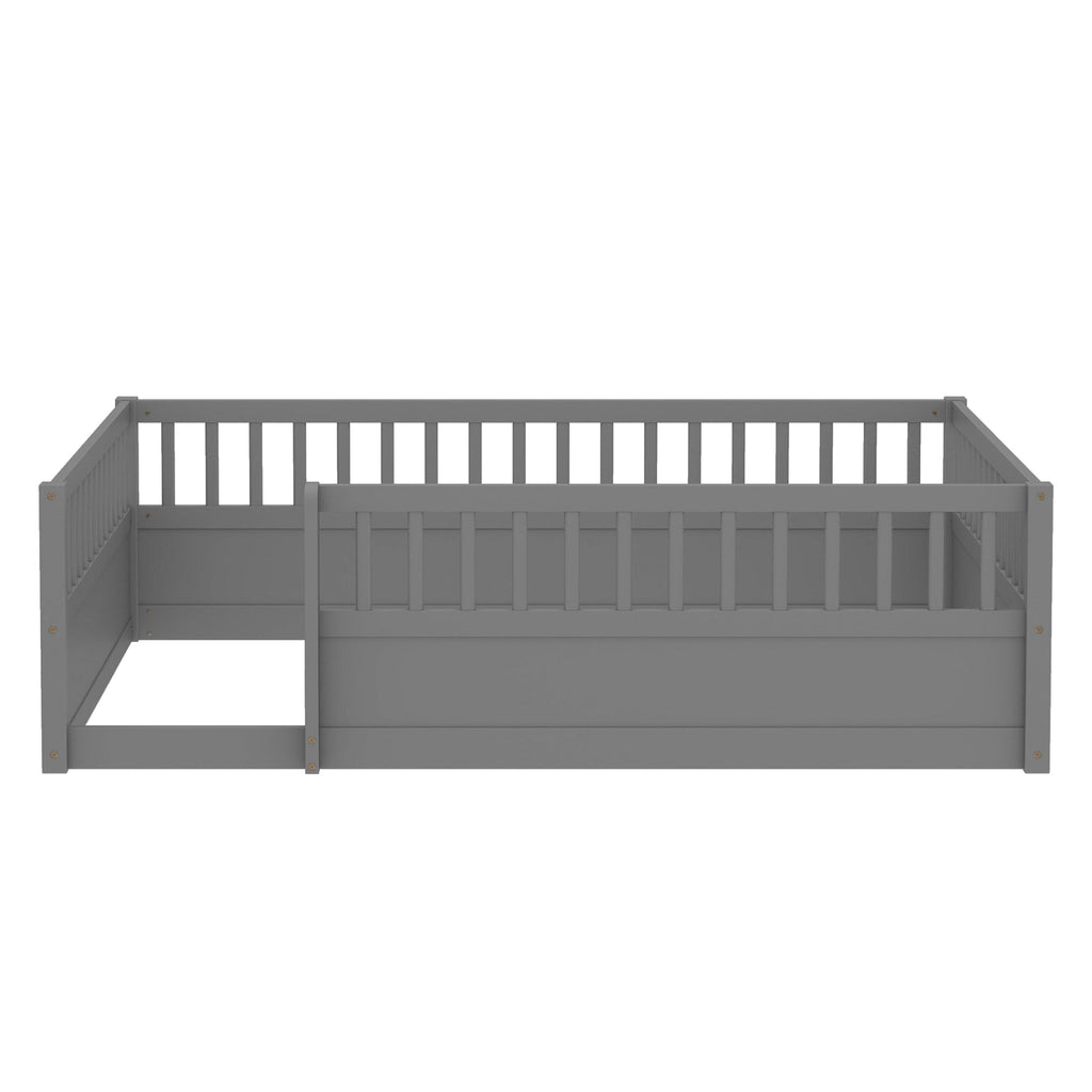 Full Floor Bed Frame with Fence, Montessori wooden children's floor bed,Wood Kids Floor Beds Frame for Bedroom Playroom,Gray