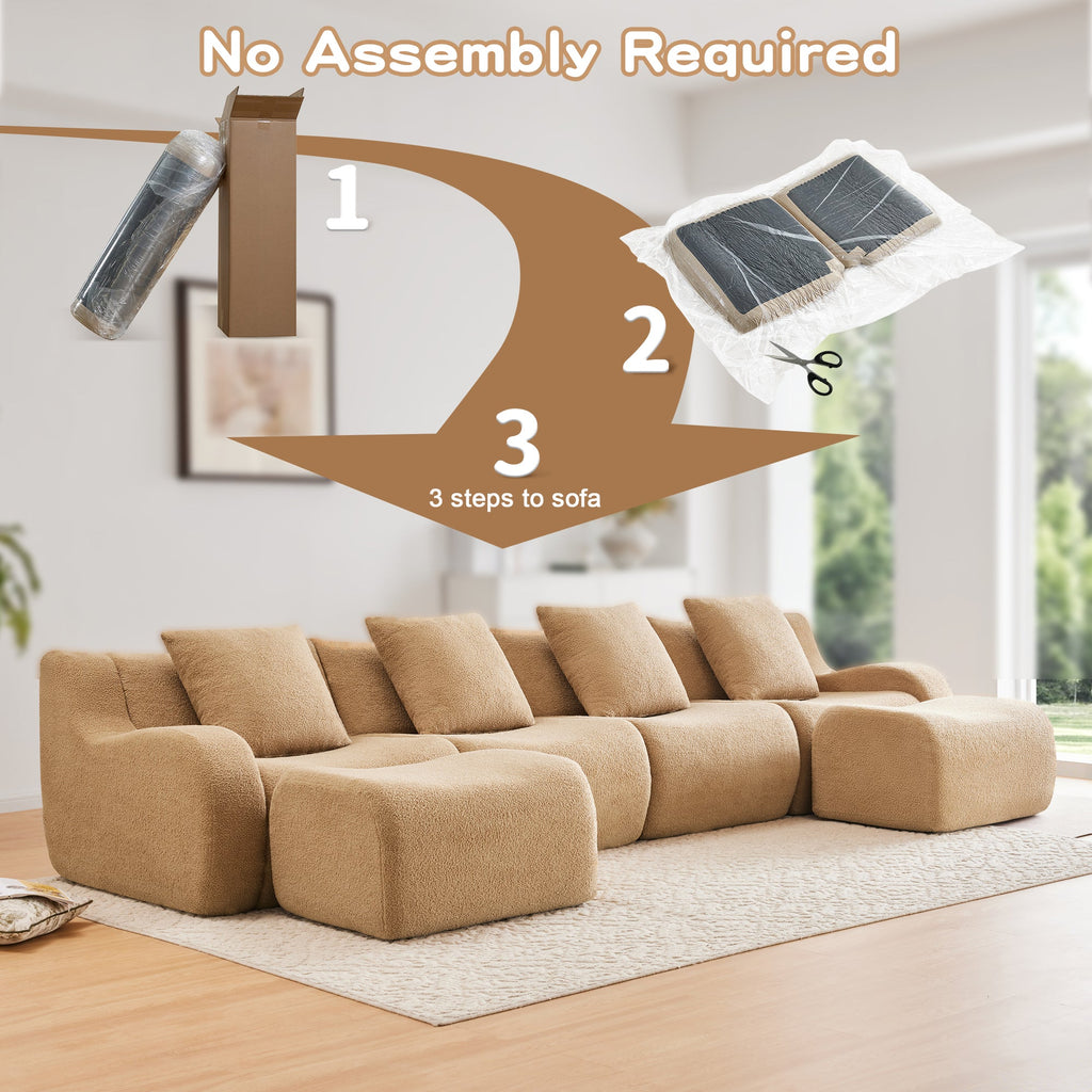U-Shaped Boneless Sofa,Teddy Fabric No assembly required   Curved armrest,Anti-slip Design,Streamlined Design 32D High Density Sponge,Full Compression Vacuum Packag,For Studies living Rooms,Camel