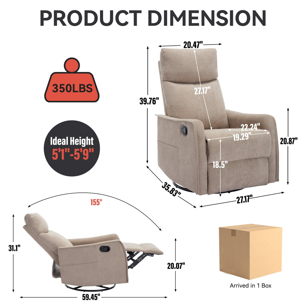 Heat Massage Manual Recliner Chair with Rocker and Swivel in Fabric for Living Room, Khaki