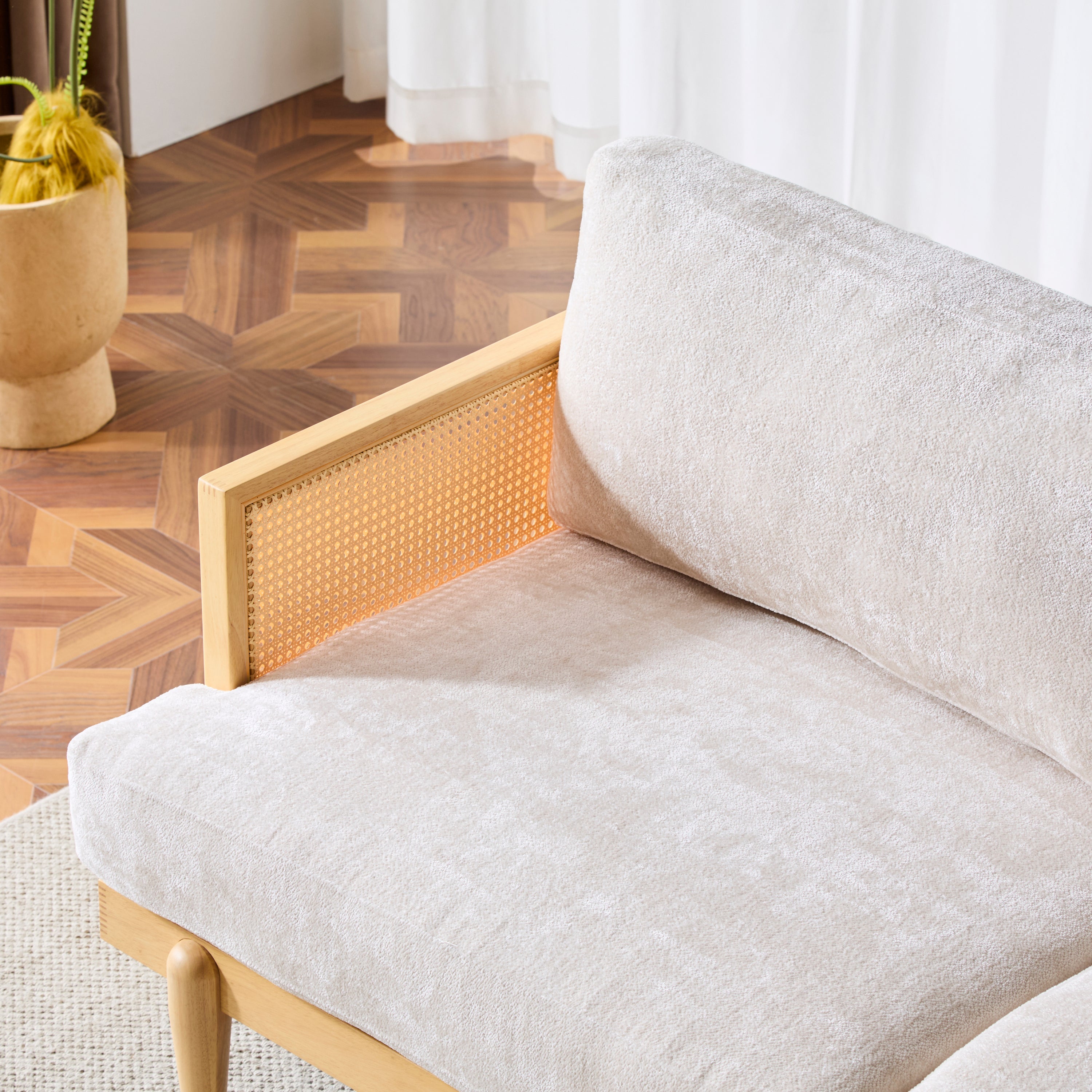 EMIR 72' Square Arm 3-Seater Sofa with Cane Rattan and Wooden Frame,Natural,,Living Rooms,Bedrooms,Apartment Office