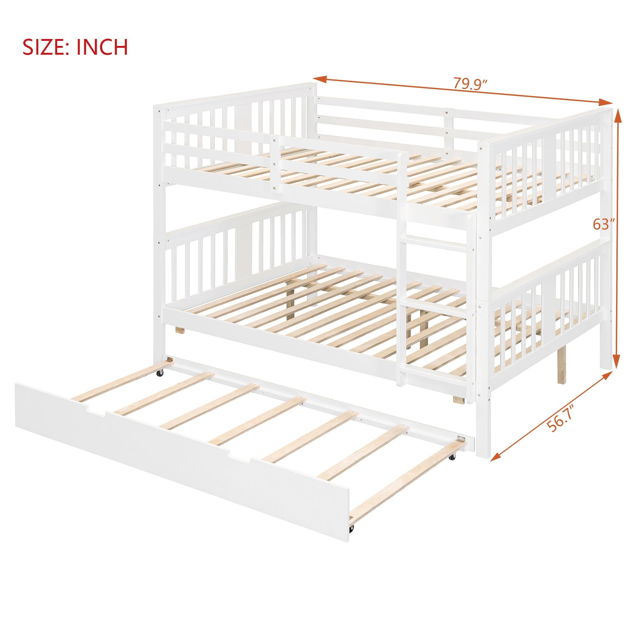 Full over Full Bunk Bed with Twin Size Trundle and Ladder-White(Old SKU: LT000204AAK)