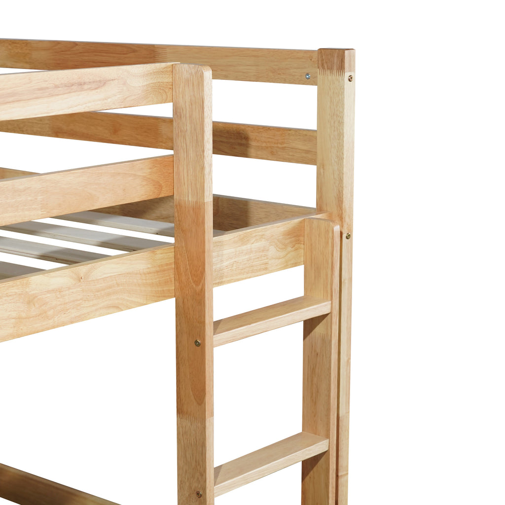 Solid Wooden, Solid Rubber Wooden Twin over Twin Floor Bunk Bed with Ladder, with Bed Platform of Strengthened Slats  , Natural