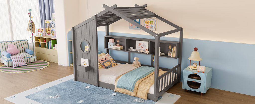 Twin Size Floor House Bed for Toddler, Kids Montessori Bed  with Storage Shelf, Playhouse Bed with Roof Design, Gray