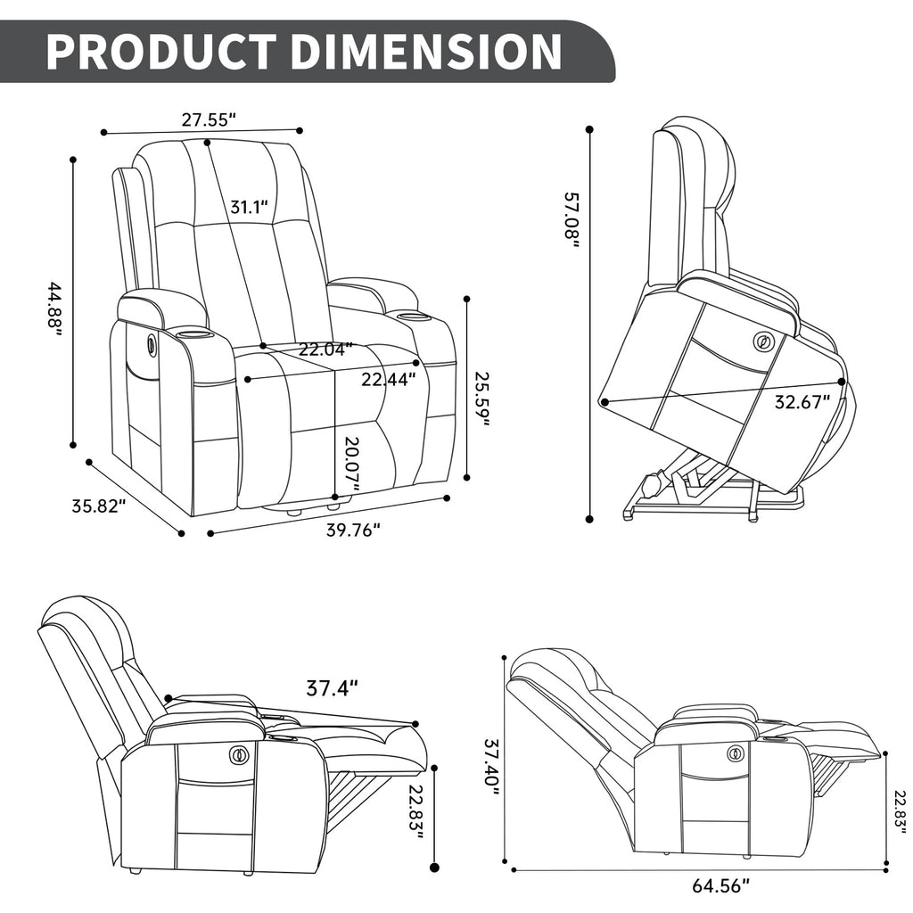 Brown PU Infinite Position Up to 350 LBS Power Lift Recliner Chair for Elderly, Heavy Duty Motion Mechanism with 8-Point Vibration Massage and Lumbar Heating, USB Charging Port, Cup Holders