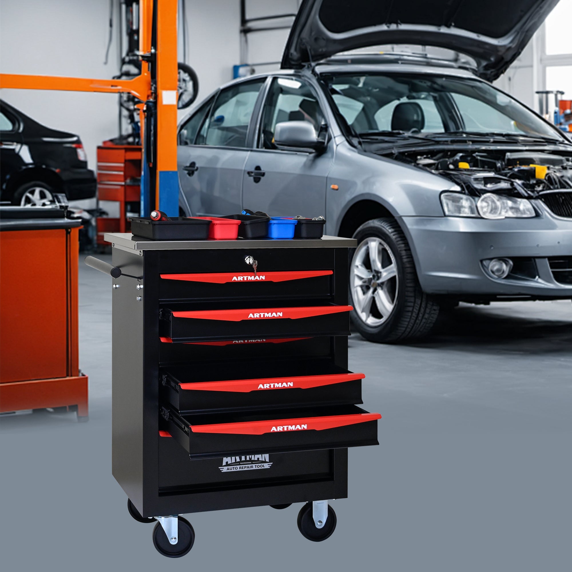 6-Drawer Multifunctional Tool Cart with Wheels, Metal Rolling Tool Cart Storage for Garage Workshop Warehouse Repair Shop - with Stainless Steel Roof - Black & Red