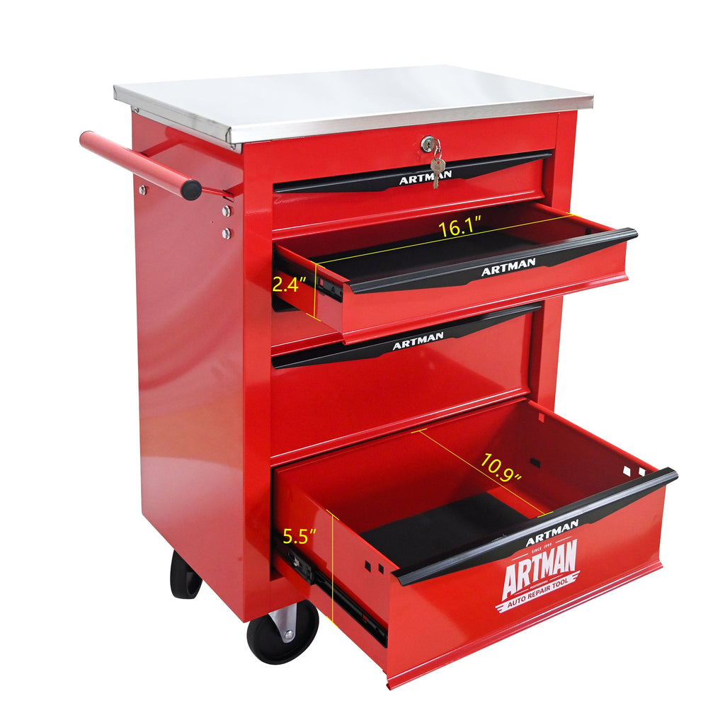 5 Drawers Multifunctional Tool Cart with Wheels,Metal Rolling Tool Cart Storage for Garage Workshop Warehouse Repair Shop--With Stainless Steel Roof--Red&Black