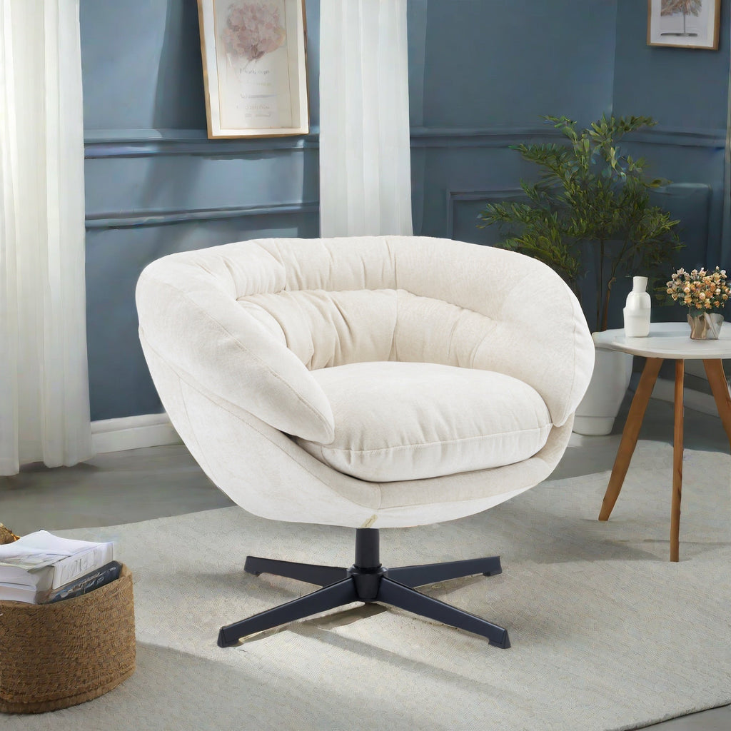 Modern Chenille Office Chair, 360° Swivel Club Chair/Accent Chair with Removable Cushion, Round Office Chair, Black Metal Base, Cotton Material, Living Room, Bedroom, Reading Corner, Office (Beige)