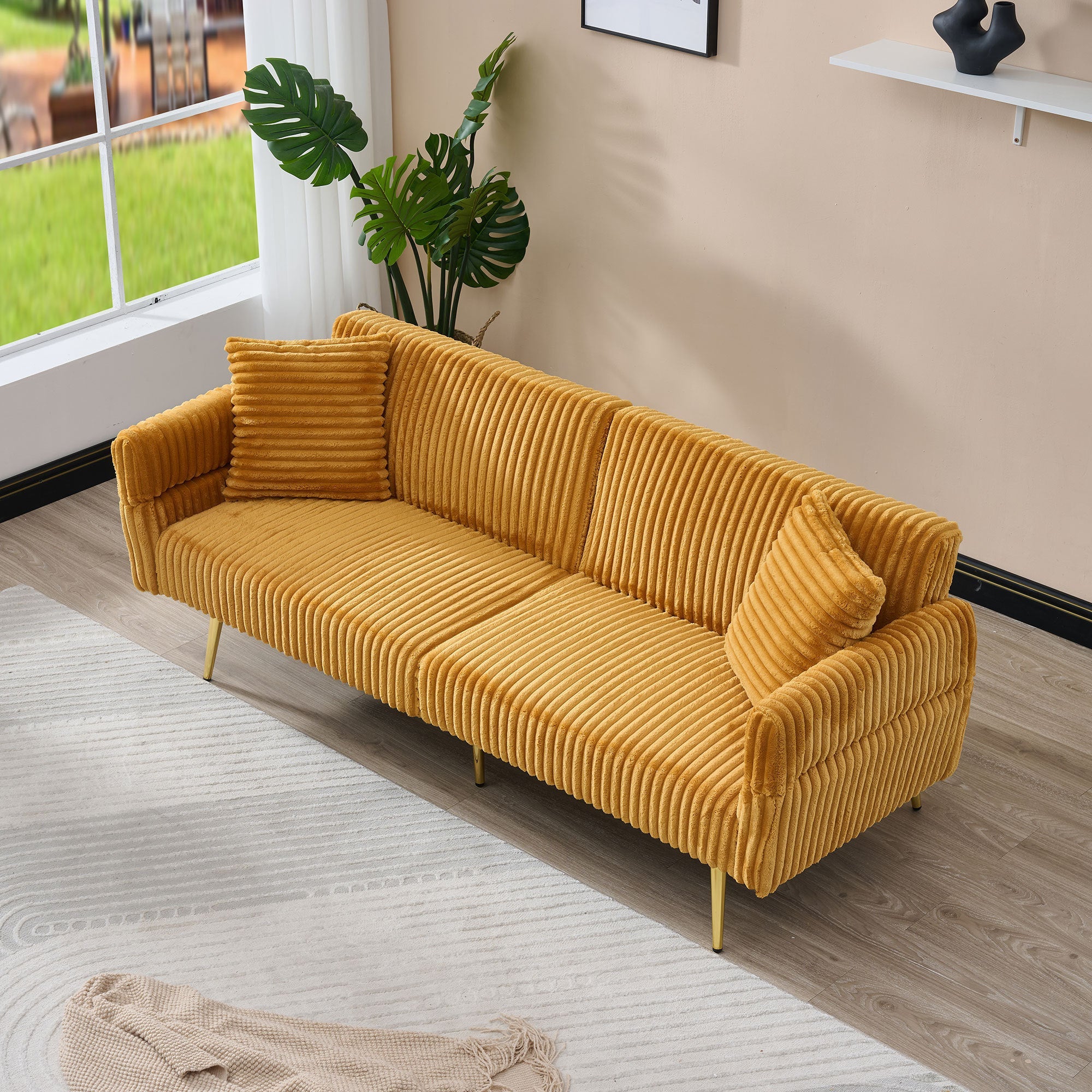 Luxury Corduroy Foldable Double Sofa Bed with Folding Armrests, Yellow, Solid Wood Frame, 79 Inch