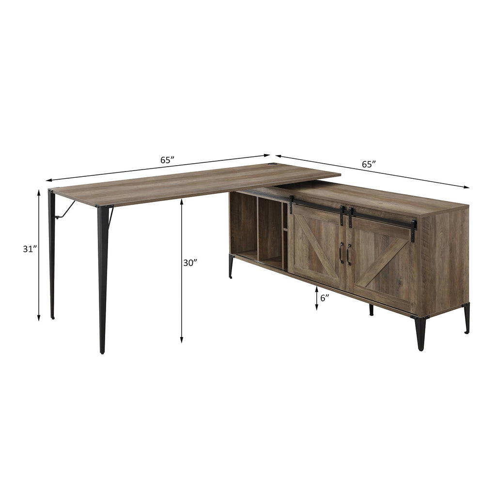 L-Shape Writing Desk with Cabinet, Rustic Oak and Black