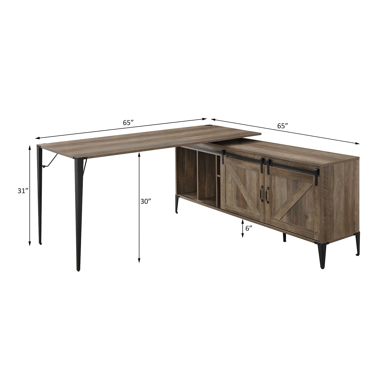 L-Shape Writing Desk with Cabinet, Rustic Oak and Black