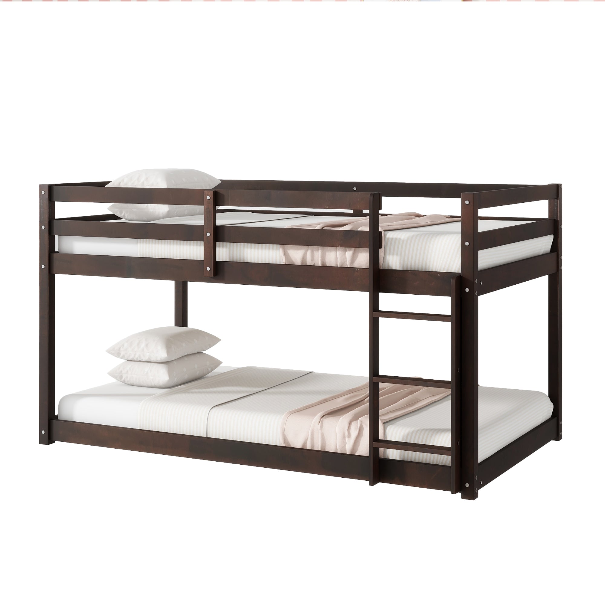 Solid Wooden, Solid Rubber Wooden Twin over Twin Floor Bunk Bed with Ladder, with Bed Platform of Strengthened Slats  , Espresso