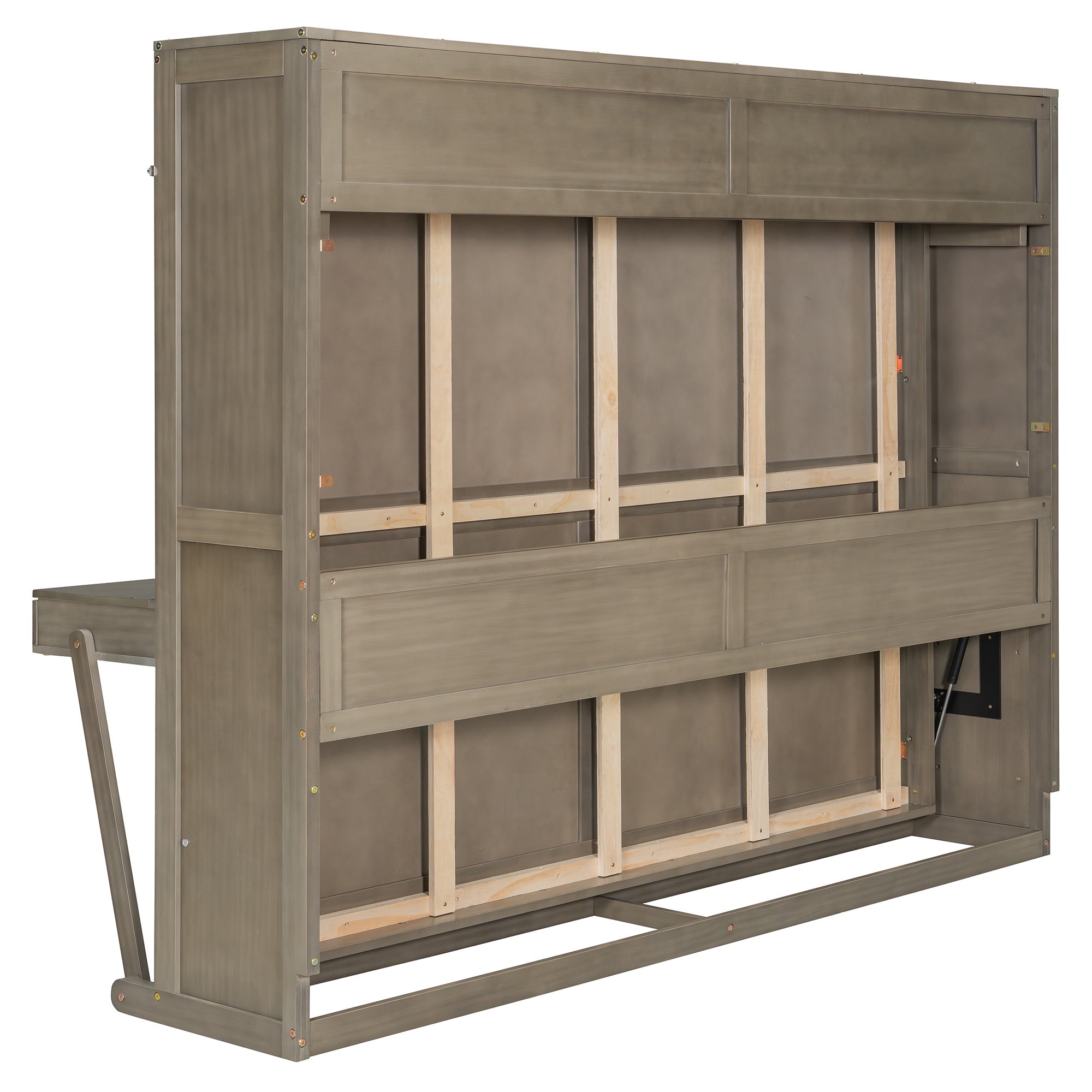 Queen Size Wall Murphy Bed with Storage, Foldable Cabinet Bed with Vanity Desk, Center Mirror & 2 Side Drawers, Distressed Gray