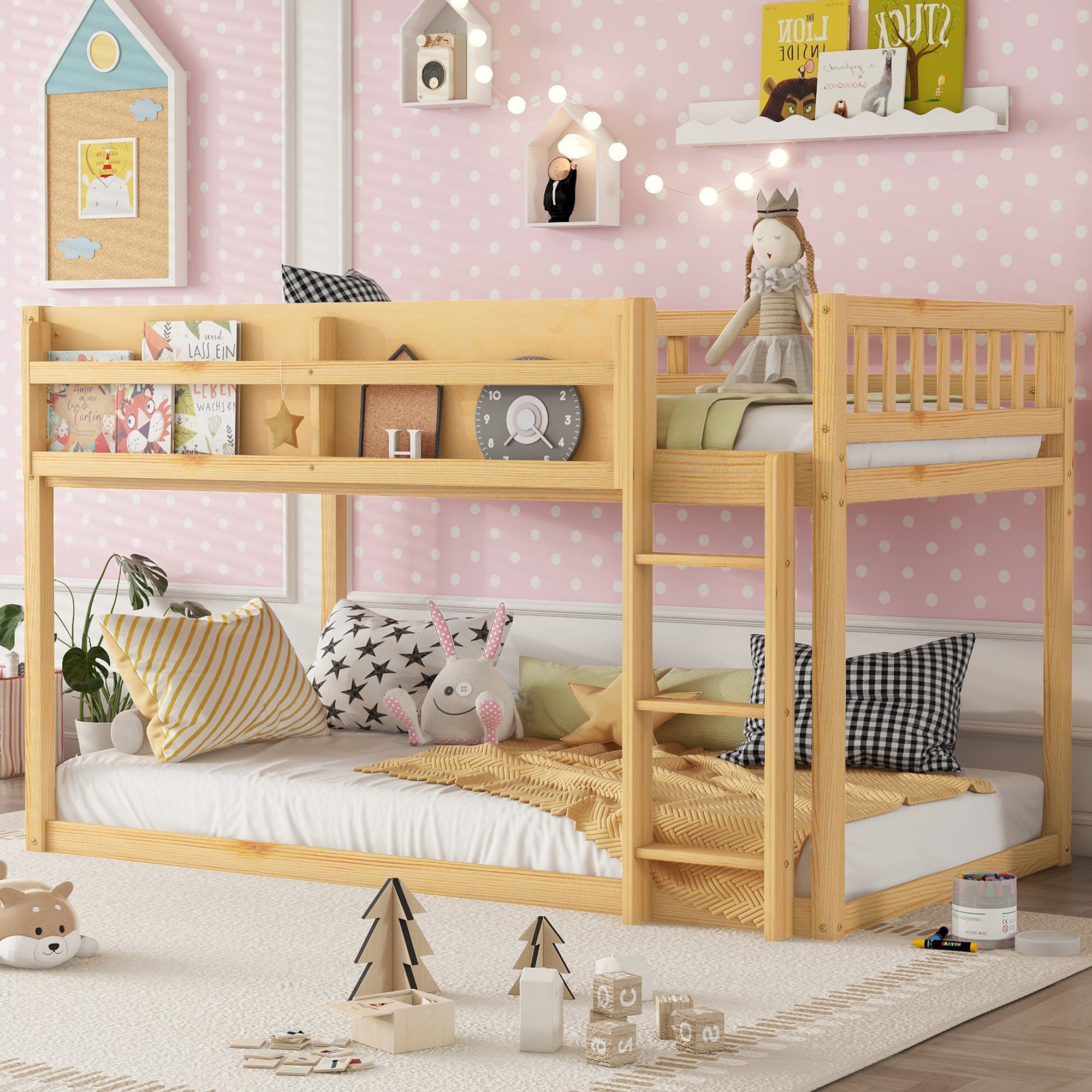 Low Twin Over Twin Bunk Bed, Floor Bunk Bed with Ladder, Solid Wood Twin Bunk Bed for Kids & Juniors, Natural(Expect Arrival Date 2025/11/25)
