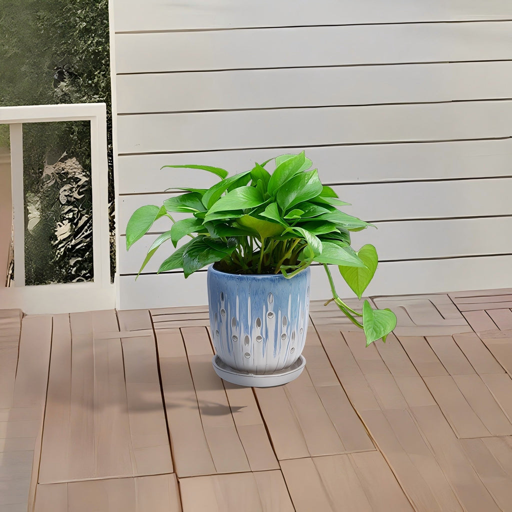 Set of 2 Ceramic Flowerpot with Drainage Hole, 8' Modern Planter for Patio, Garden, Windowsill - White Blue