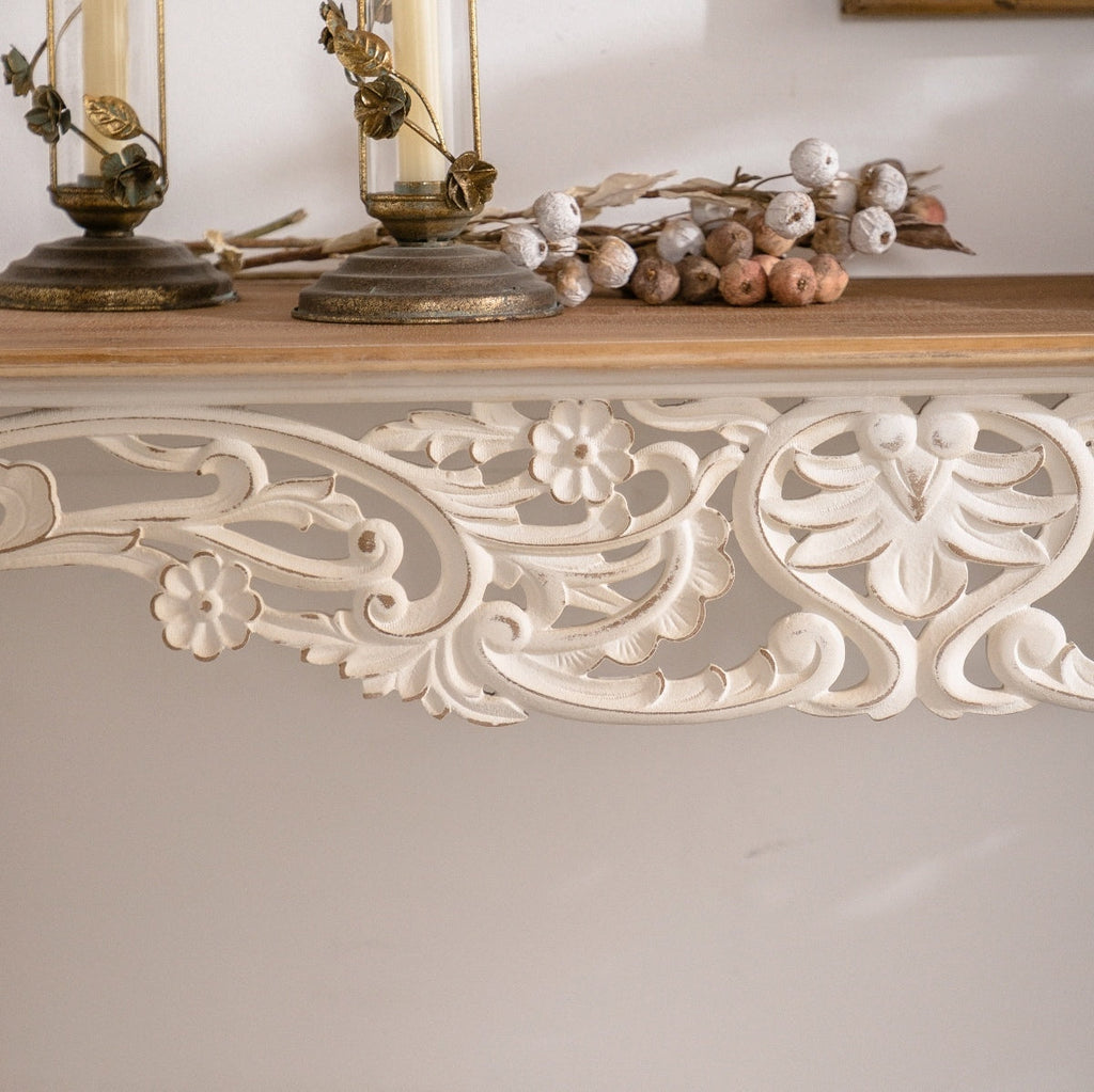 Antique White Console Table with Carved Details, Distressed Console Table, Vintage French Country Entry Table with Wood Carvings and Curved Legs for Hallway Living Room