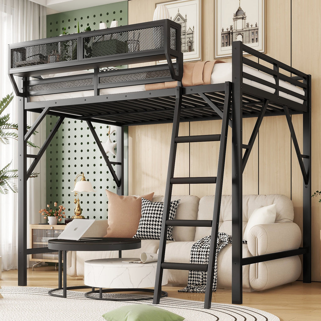 Queen Size Loft Bed with Ladder, Metal Queen Loft Bed with Storage Shelves, High Loft Bed for Kids Teens, Black(Expect Arrival Date 2025/12/3, Old SKU W2580P353530)
