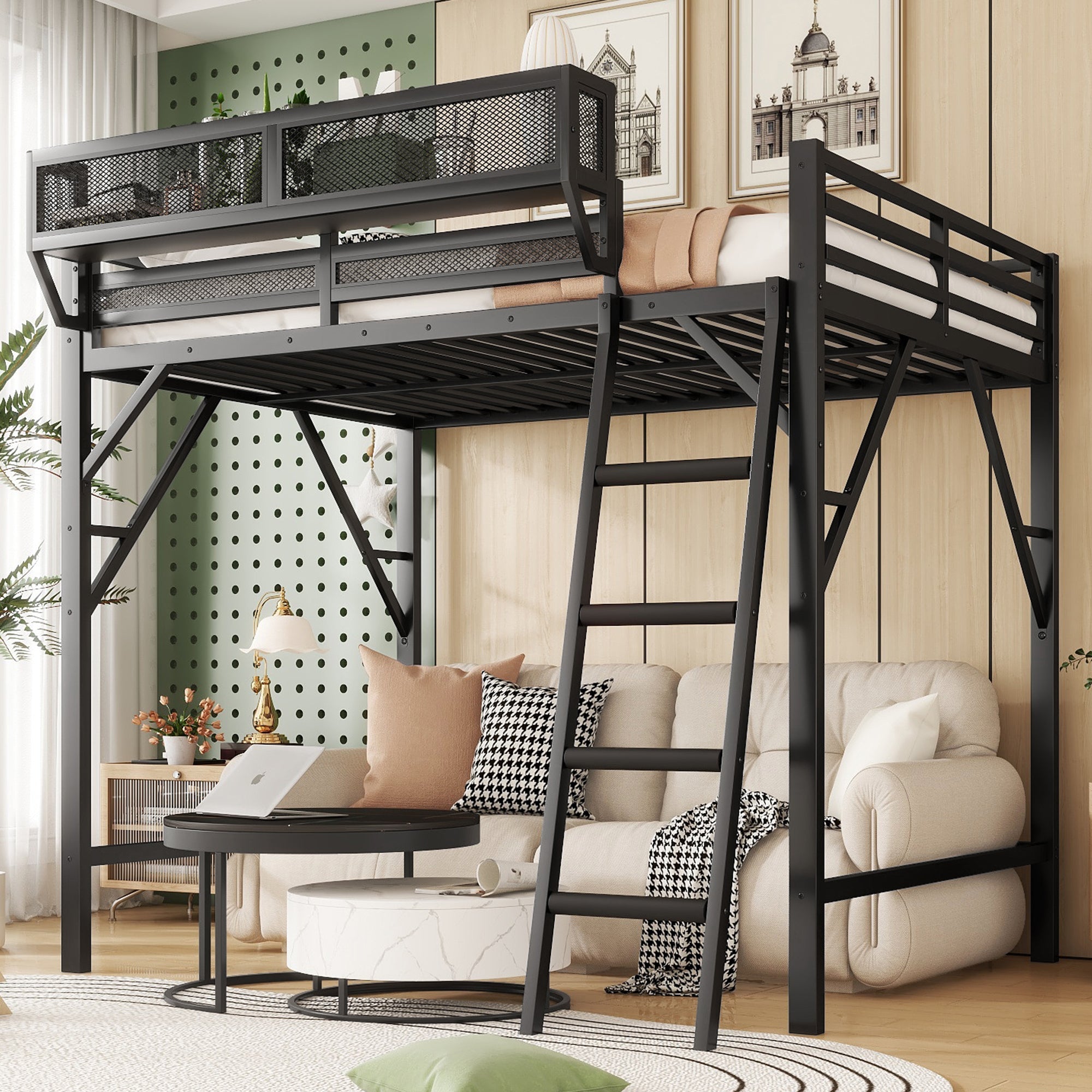 Queen Size Loft Bed with Ladder, Metal Queen Loft Bed with Storage Shelves, High Loft Bed for Kids Teens, Black(Expect Arrival Date 2025/12/3, Old SKU W2580P353530)
