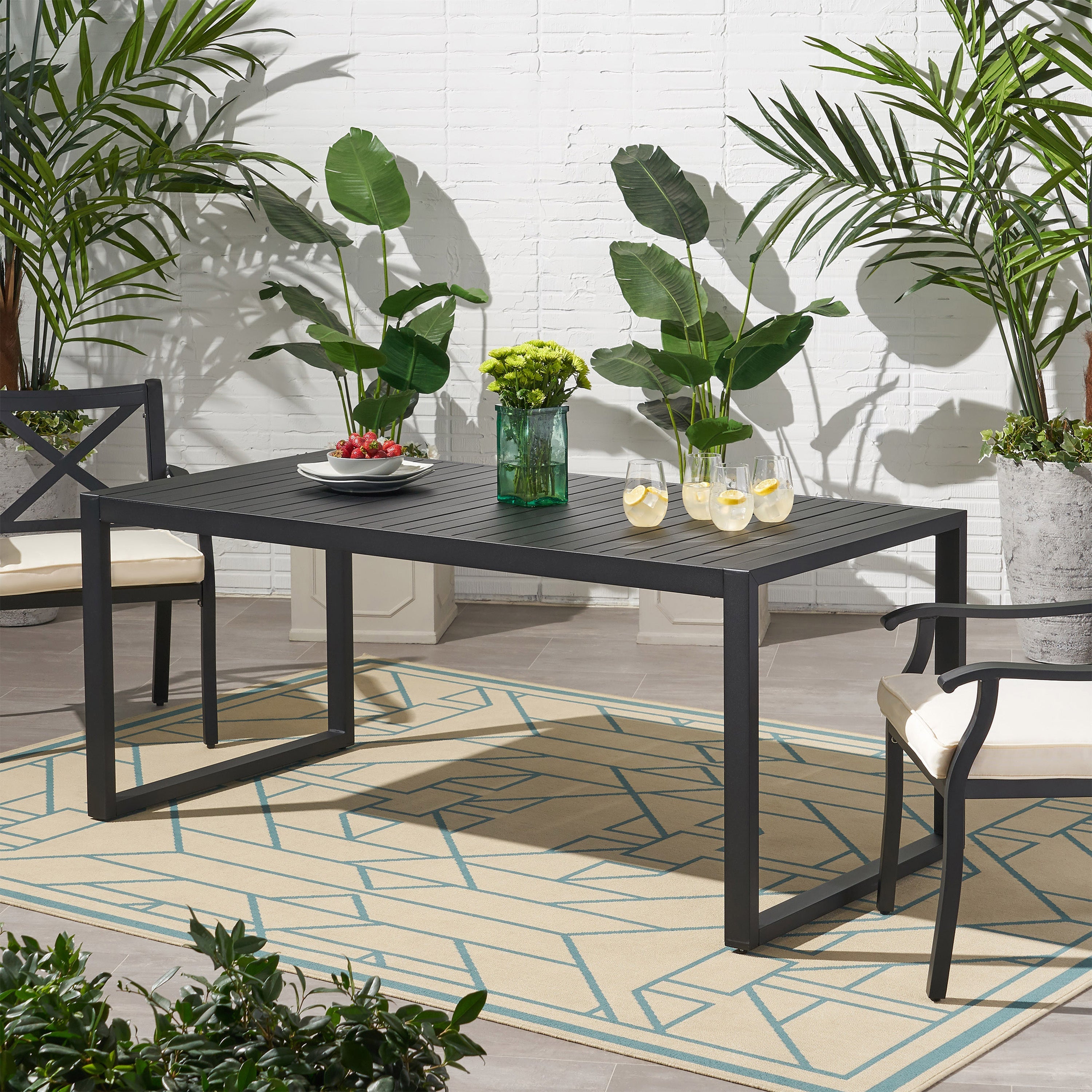 Modern Outdoor Dining Table with Black Aluminum Frame, Slatted Top, and U-Shaped Legs – 70' x 35'