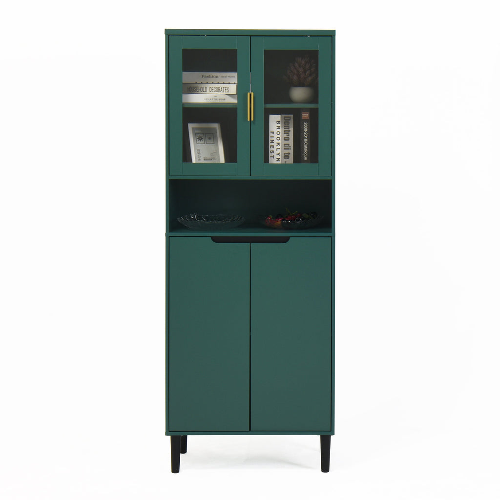 Tall Storage Bookcase with 2 Glass Display Door & 2 Doors, Tall Kitchen Pantry Cabinet with Gold Handles, Modern Cabinet Freestanding Living Room Green