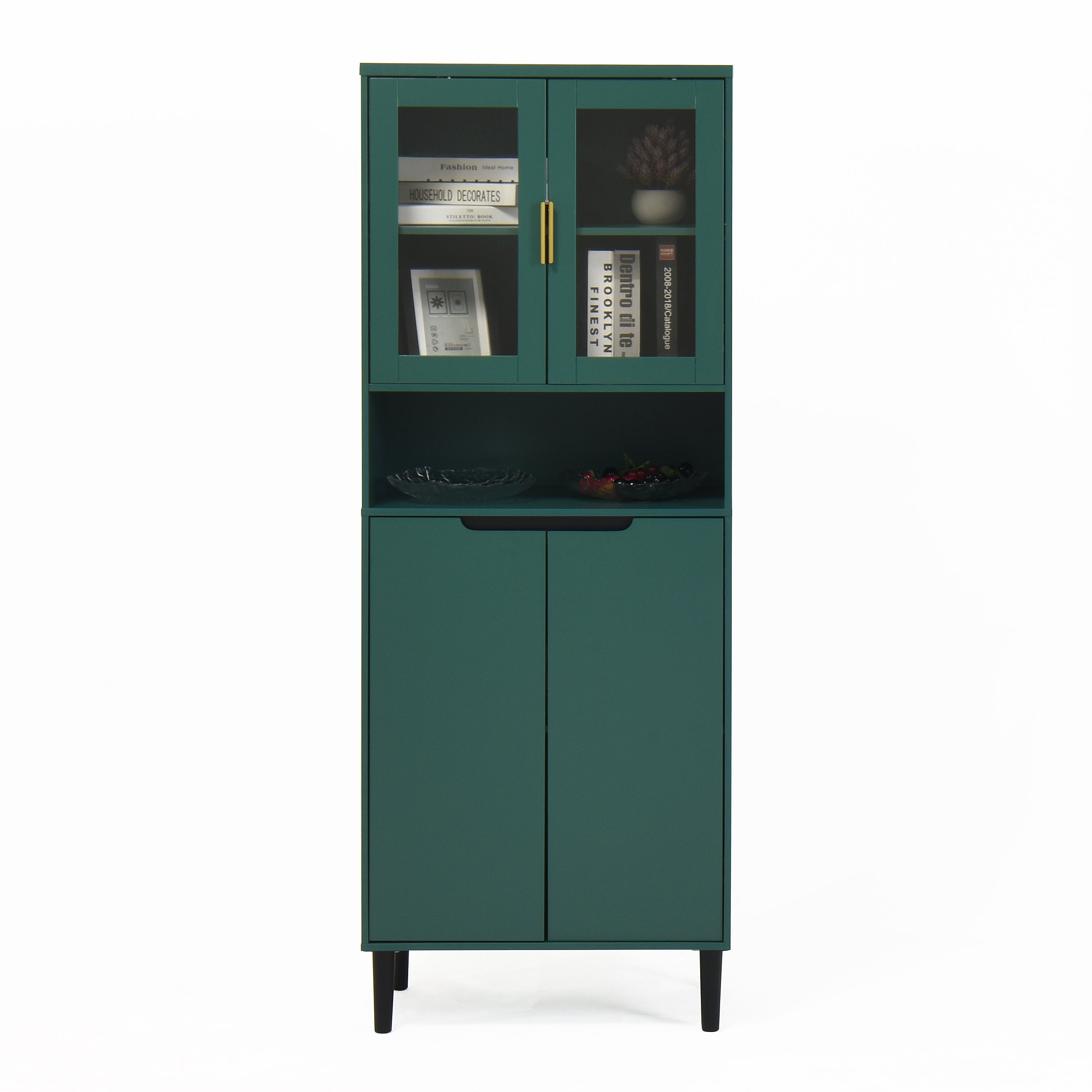 Tall Storage Bookcase with 2 Glass Display Door & 2 Doors, Tall Kitchen Pantry Cabinet with Gold Handles, Modern Cabinet Freestanding Living Room Green