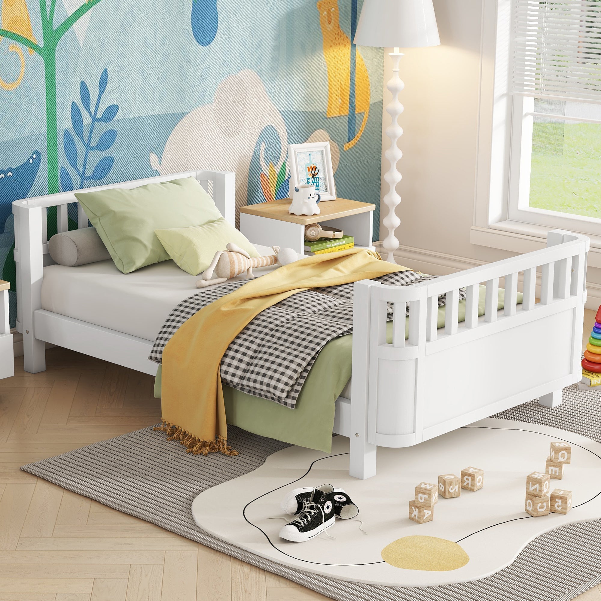Twin Size Wood Platform Bed for Kids, Wood Low Profile Twin Bed with Rails for Girls and Boys, White (Patented Design)