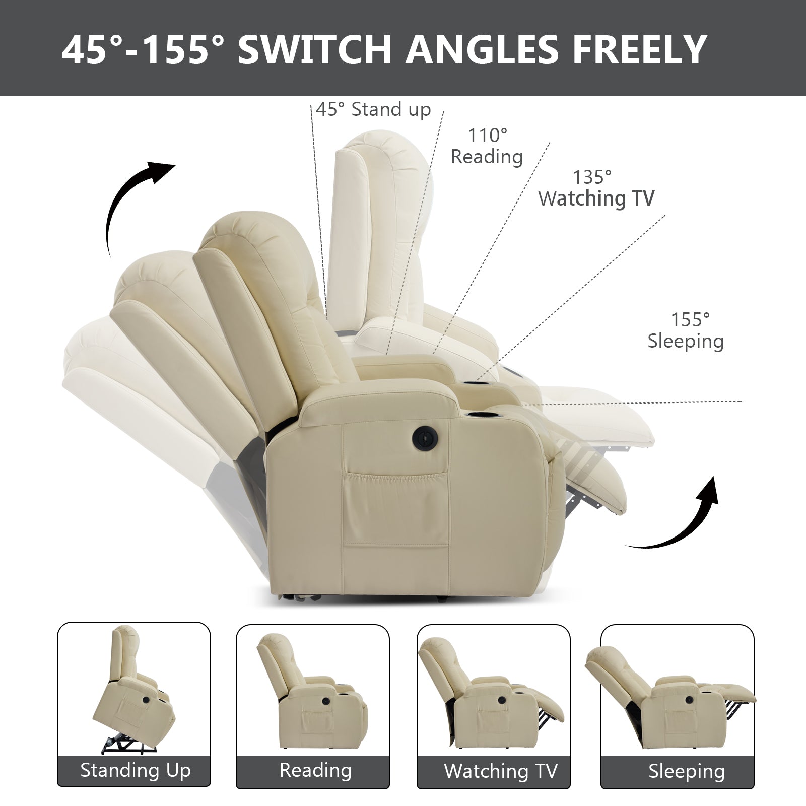 Beige PU Infinite Position Up to 350 LBS Power Lift Recliner Chair for Elderly, Heavy Duty Motion Mechanism with 8-Point Vibration Massage and Lumbar Heating, USB Charging Port, Cup Holders