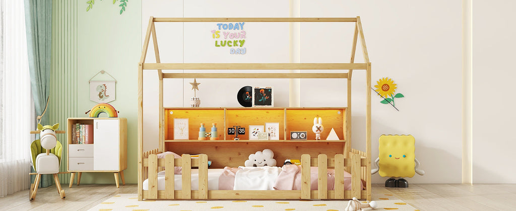Twin Size House Bed with LED Light, Wood House Bed with Storage Bookshelf, Floor House Bed with Guardrails for Kids, Natural (Expect Arrival Date 2025/3/14)