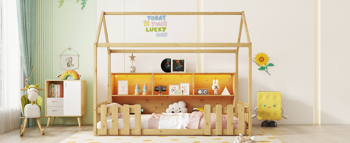 Twin Size House Bed with LED Light, Wood House Bed with Storage Bookshelf, Floor House Bed with Guardrails for Kids, Natural (Expect Arrival Date 2025/3/14)