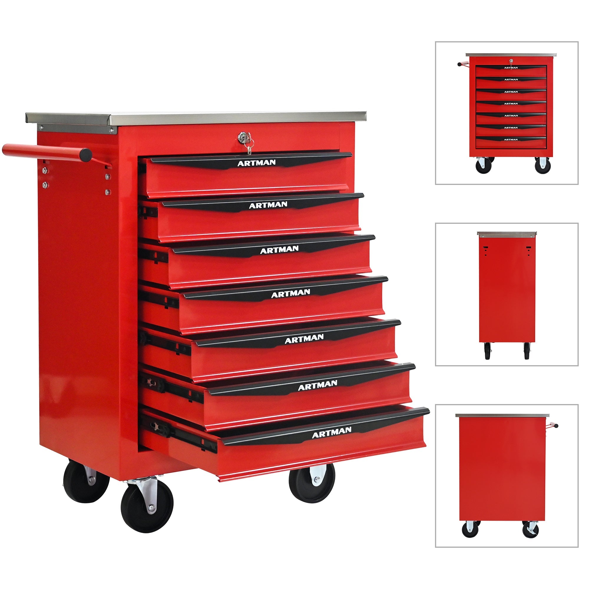 7 Drawers Multifunctional Tool Cart with Wheels,Metal Rolling Tool Cart Storage for Garage Workshop Warehouse Repair Shop--With Stainless Steel Roof- Red&Black