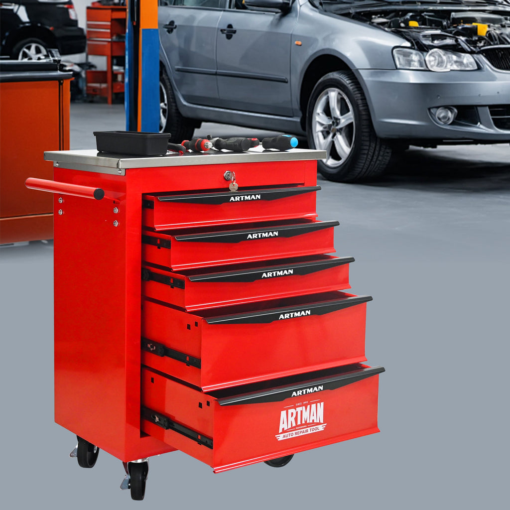 5 Drawers Multifunctional Tool Cart with Wheels,Metal Rolling Tool Cart Storage for Garage Workshop Warehouse Repair Shop--With Stainless Steel Roof--Red&Black
