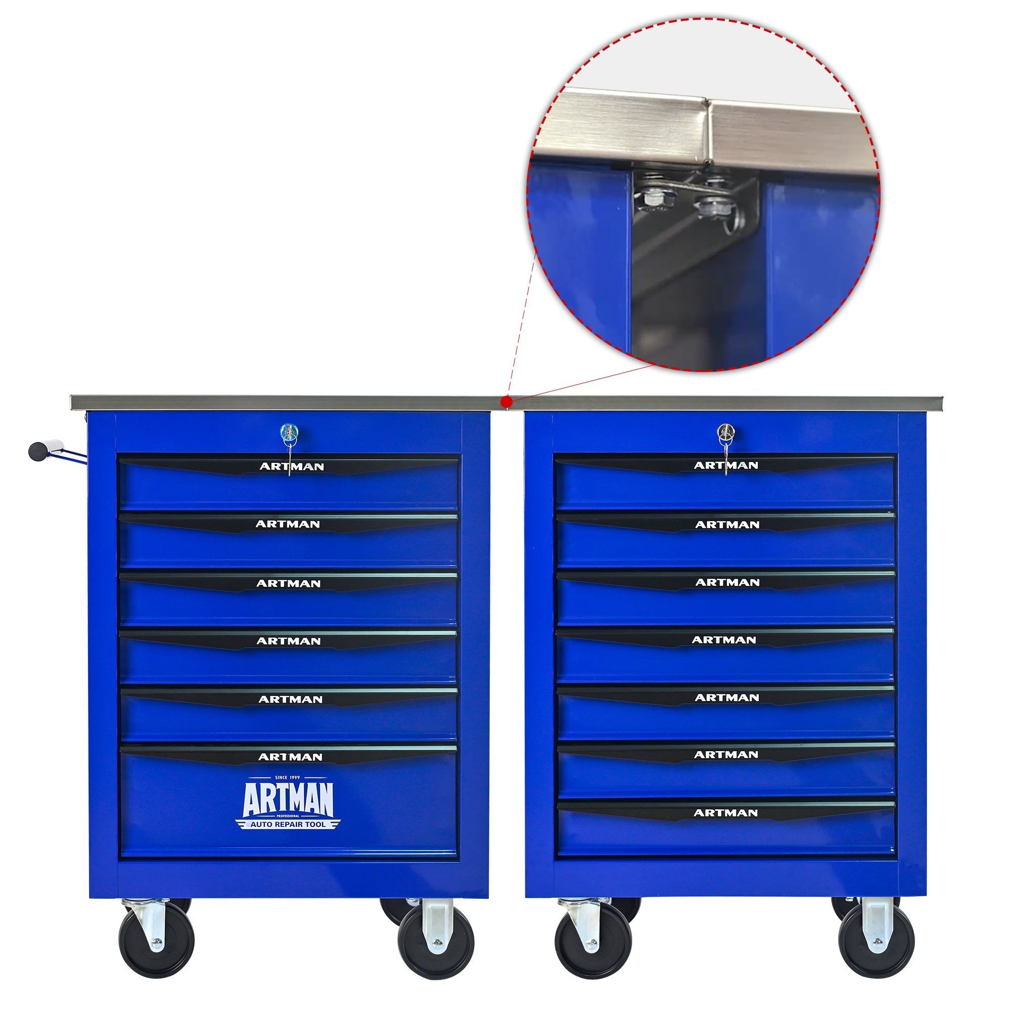 6 Drawers Multifunctional Tool Cart with Wheels,Metal Rolling Tool Cart Storage for Garage Workshop Warehouse Repair Shop--With Stainless Steel Roof- BLACK&BLUE