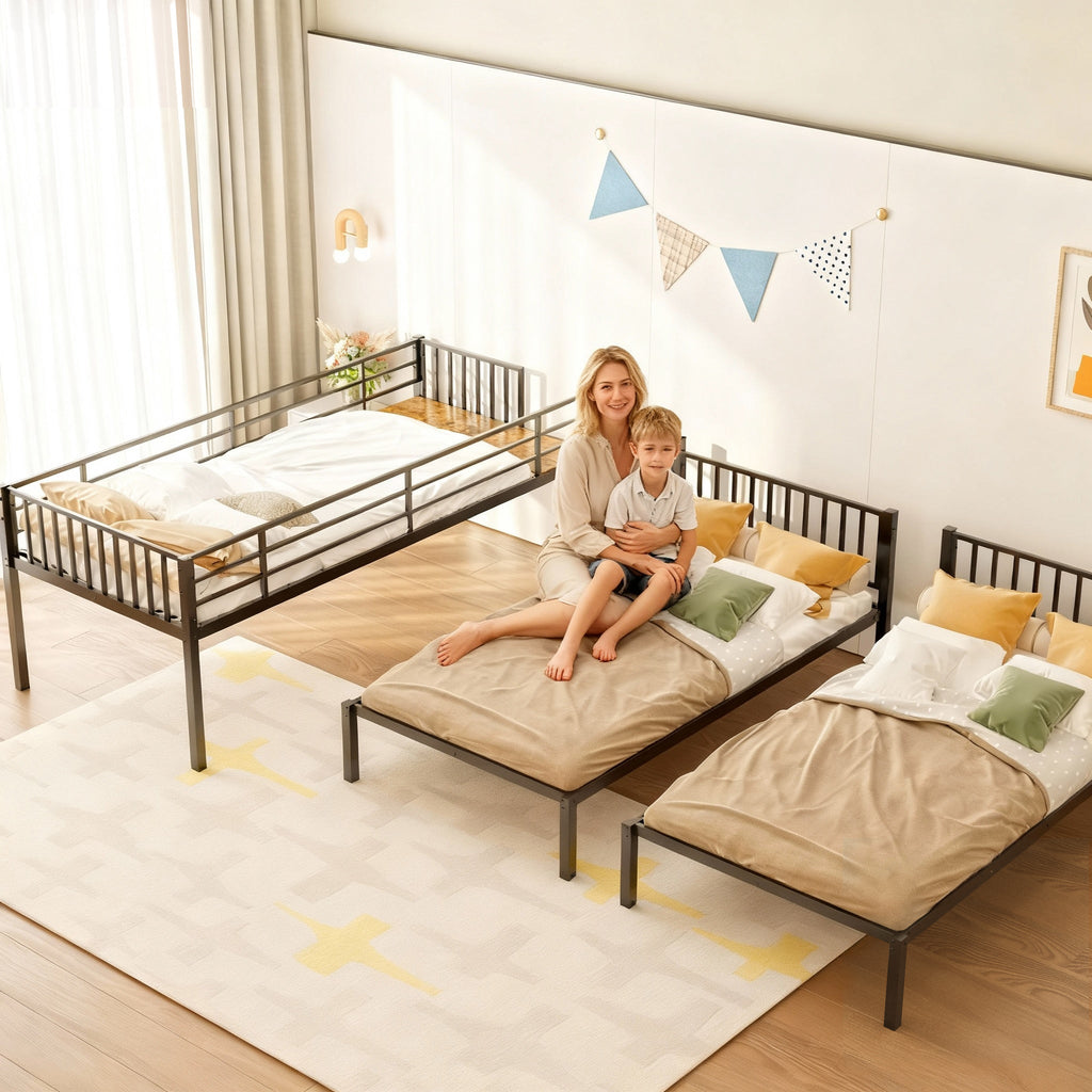 Triple Bunk Bed for Kids,3 Bed Bunk Beds for 3,Metal Triple Bunk Beds,Separates Into 3 Twin Beds,Noise Reduced Structure,Black
