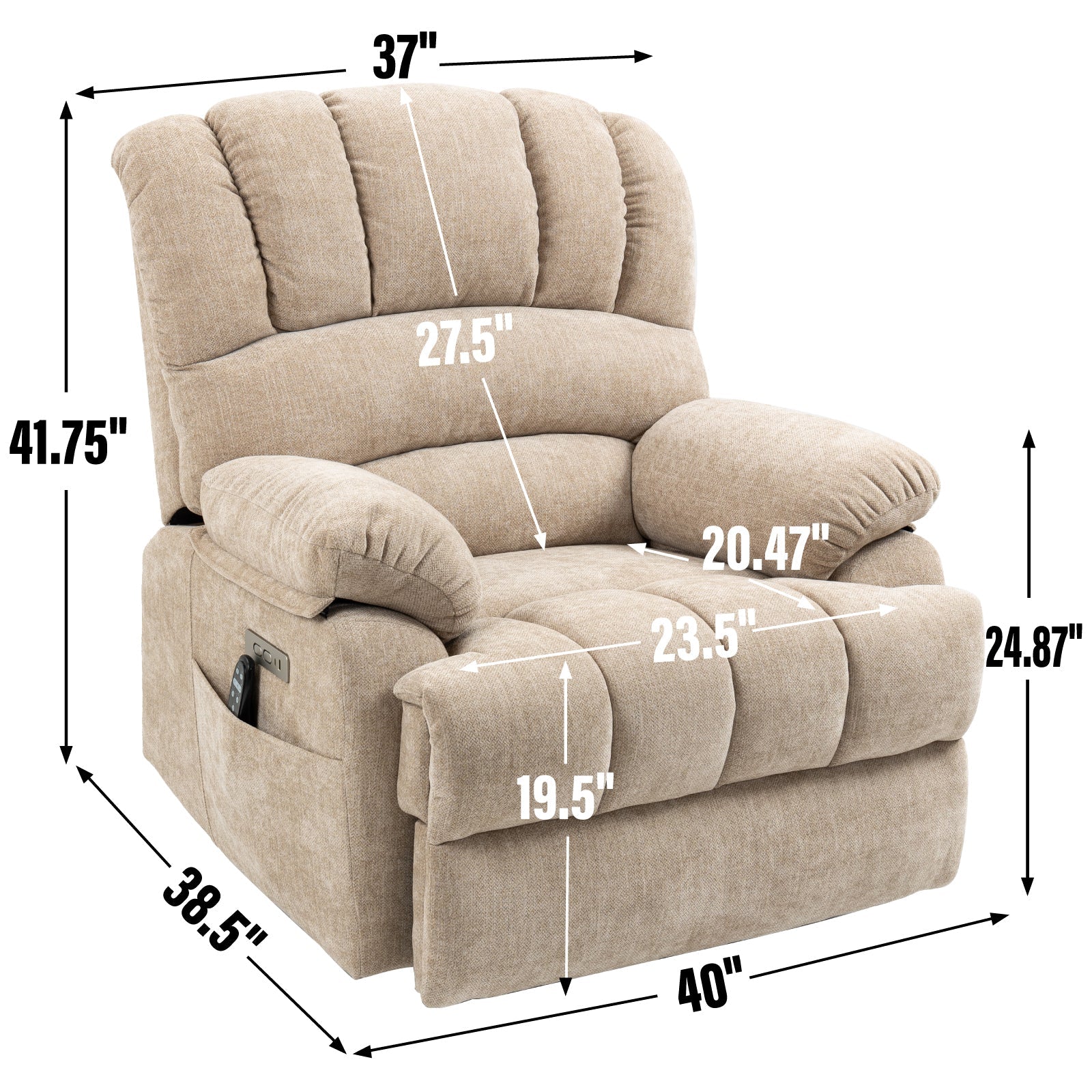 23' Seat Width and High Back Large Size Beige Chenille Power Lift Recliner Chair with 8-Point Vibration Massage and Lumbar Heating