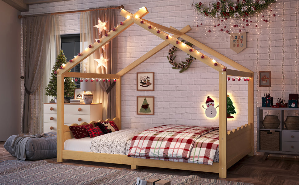 Full House Floor Bed with Support Slats, Solid Wood House Bed Frame for Kids, No Box Spring Needed and Opening Constructure, Natural