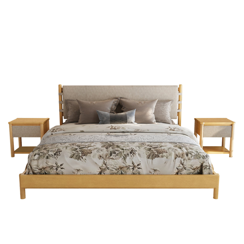 Modern Queen Bed Frame Set with 2 Nightstands, Beige Wood Platform Bed with Headboard and Matching Bedside Tables for Bedroom