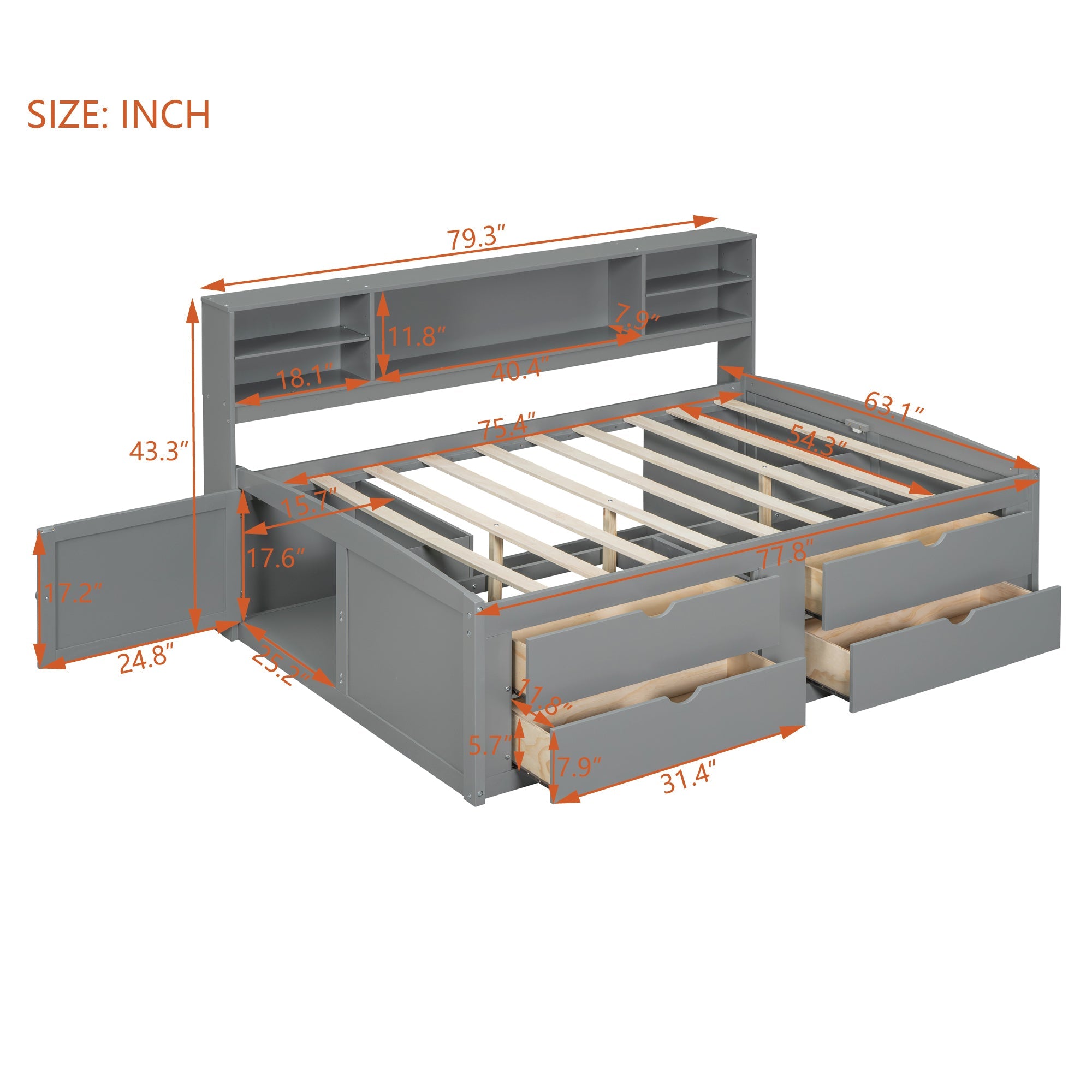 Full Size Wood Daybed with 2 Bedside Cabinets, Upper Shelves and 4 Drawers, Gray