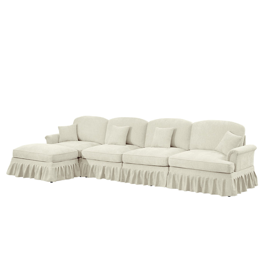 Classic Three Seater Modular L Shaped Sectional Couch with Flared Arms and Removable Ruffles Pleats Skirts and Spindle Legs, Comfy Chenille Four-Seat Deep Seat Sofa with Movable Ottoman, Beige White