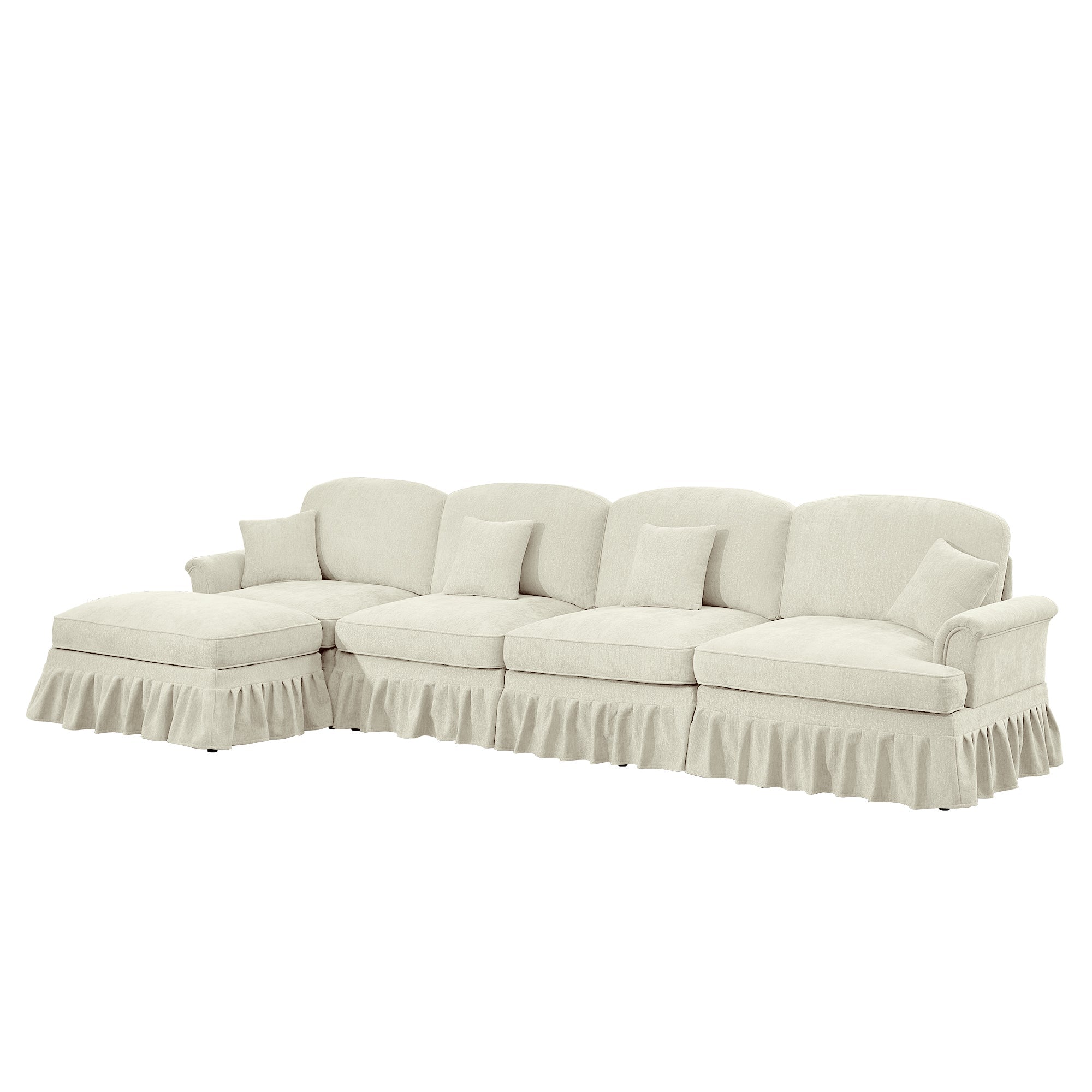Classic Three Seater Modular L Shaped Sectional Couch with Flared Arms and Removable Ruffles Pleats Skirts and Spindle Legs, Comfy Chenille Four-Seat Deep Seat Sofa with Movable Ottoman, Beige White