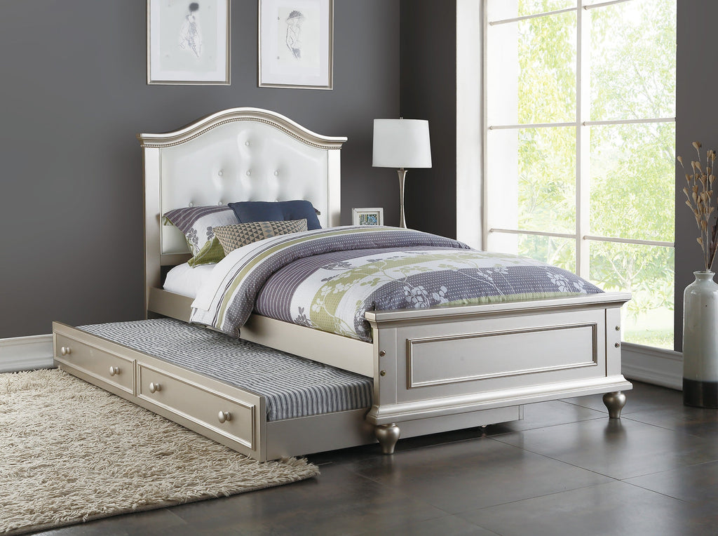 Contemporary Style Silver Twin Size Bed w/ Trundle Slats Pine Plywood Kids Youth Bedroom Furniture White Faux Leather Tufted HB