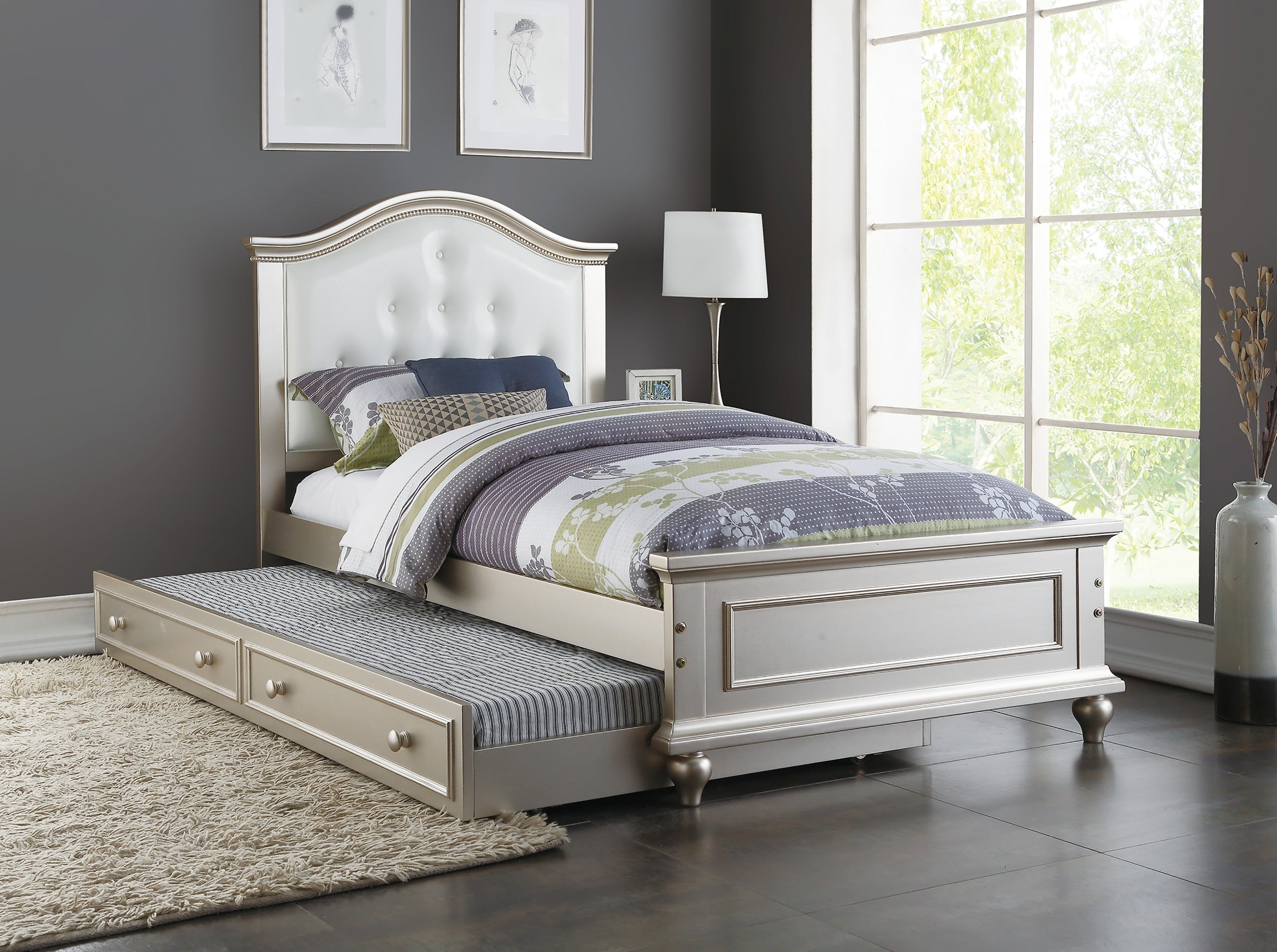 Contemporary Style Silver Twin Size Bed w/ Trundle Slats Pine Plywood Kids Youth Bedroom Furniture White Faux Leather Tufted HB