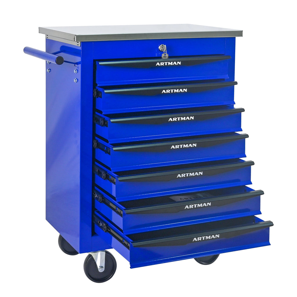 7 Drawers Multifunctional Tool Cart with Wheels,Metal Rolling Tool Cart Storage for Garage Workshop Warehouse Repair Shop--With Stainless Steel Roof- BLACK&BLUE