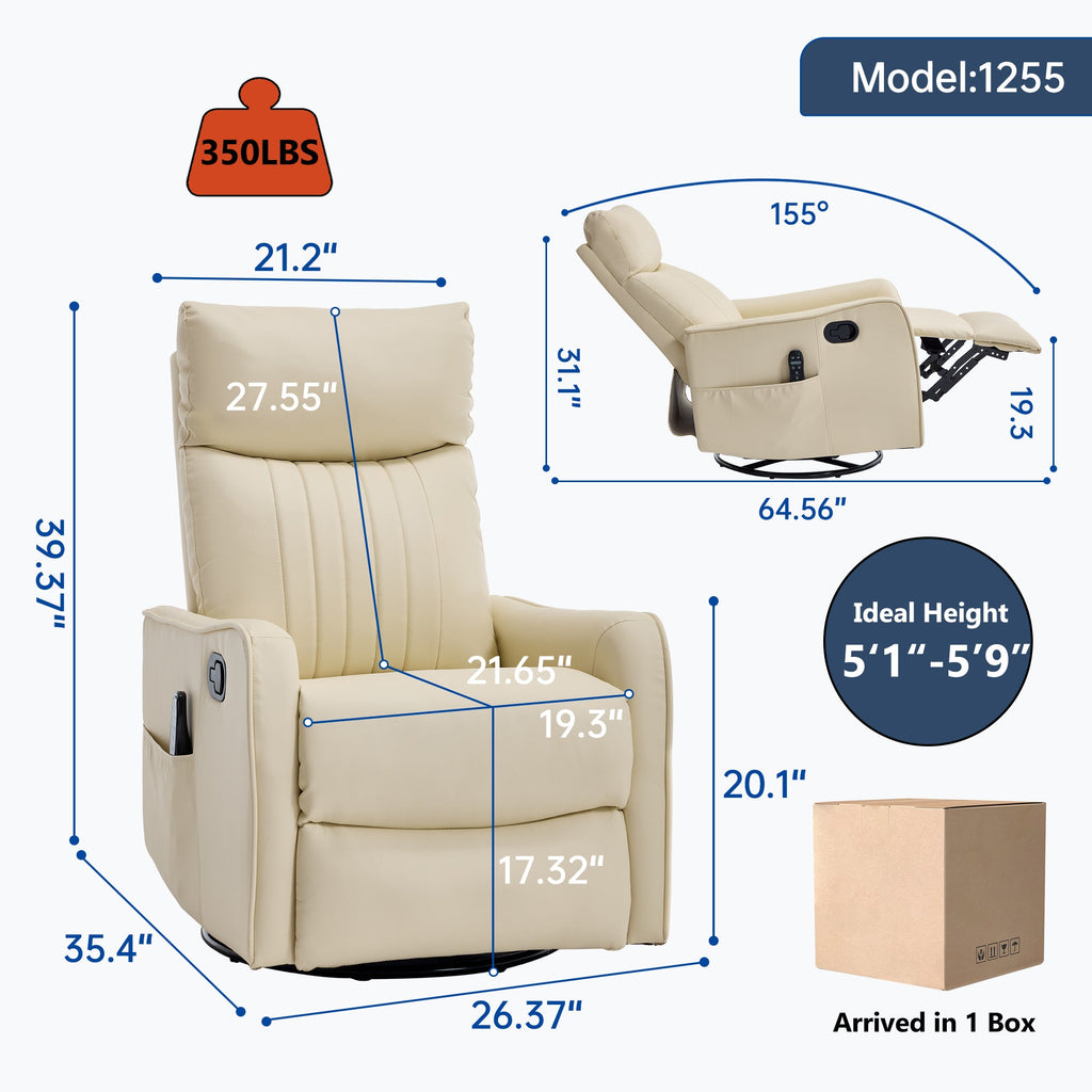 Beige Heat Massage Manual Recliner Chair with Rocker and Swivel in Faux Leather for Living Room