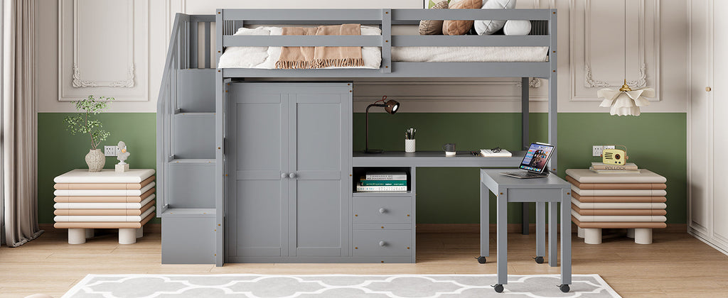 Twin Size Loft Bed with Stairs, Bookshelf, Drawers, Desk & Wardrobe – Space-Saving Multifunctional Furniture for Kids & Teens-Gray