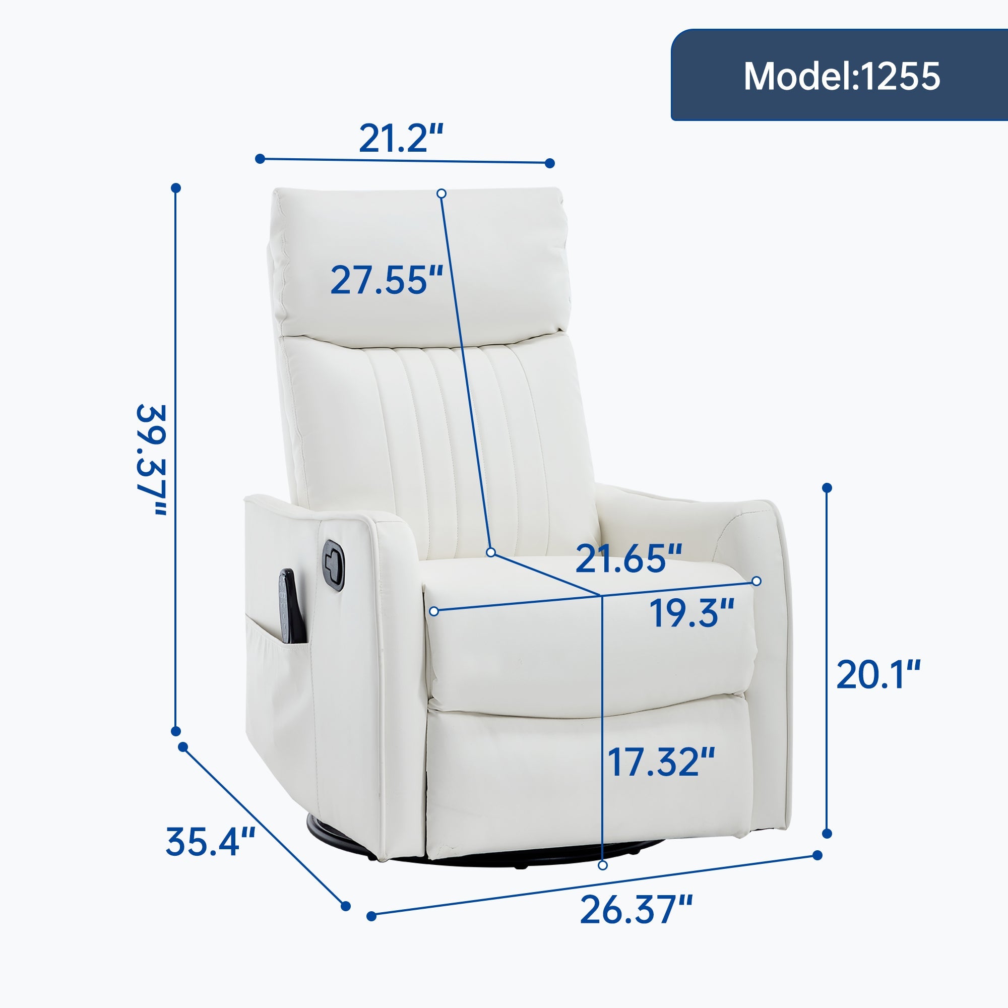 White Heat Massage Manual Recliner Chair with Rocker and Swivel in Faux Leather for Living Room