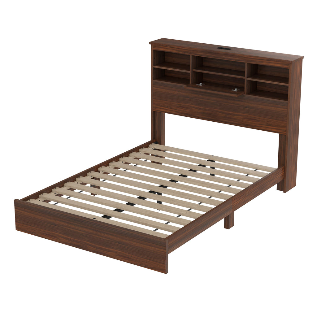 4PCS Bedroom Sets, Wooden Queen Size Bed Frame with Storage Headboard and Charging Station, 2 Nightstands with 2 Drawers, 1 Dresser with 5 Drawers, Walnut(old SKU HL000102AAD)
