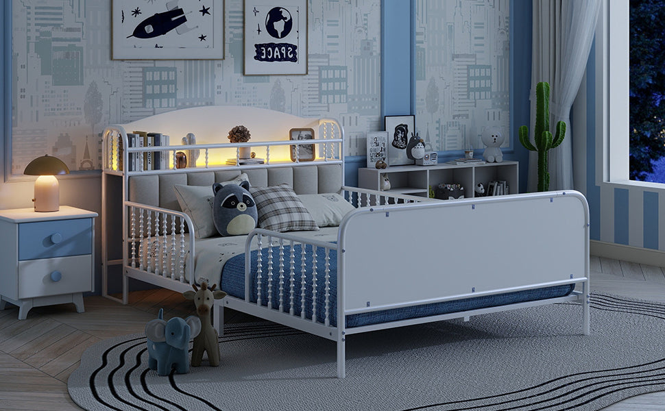 Full Size Metal Platform Bed Frame with Light, Kids Full Metal Bed with Upholstered and Storage Headboard, White (Expect Arrival Date 2025/10/5)