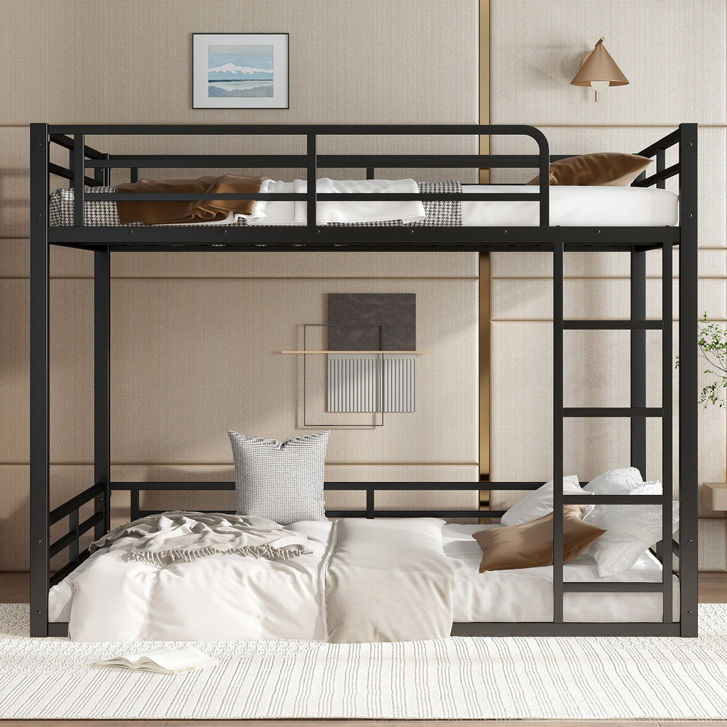 Metal Bunk Bed, Full XL over Full XL Floor Bunk Bed Frame,Heavy-Duty Bunk Bed for Kids, Teens, Adults, Noise-reduced Design, Black